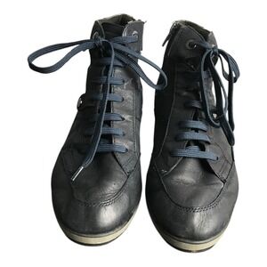 GEOX Navy Italian Leather Wedge High Top Sneakers Women US 8 Lace Up‎ Zip Side